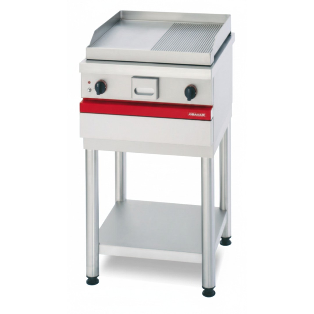 Half-smooth, half-ribbed steel gas griddle.