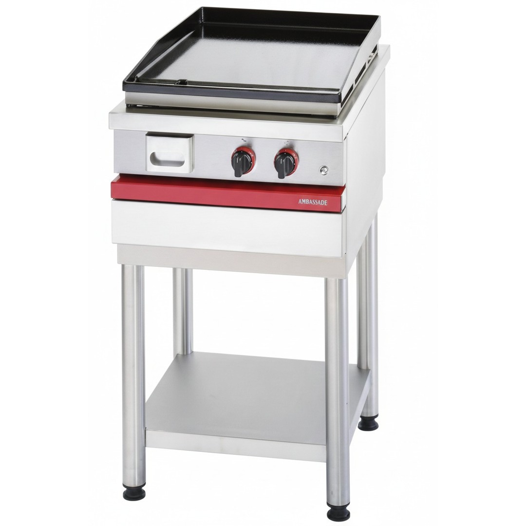 Gas cast iron griddle.