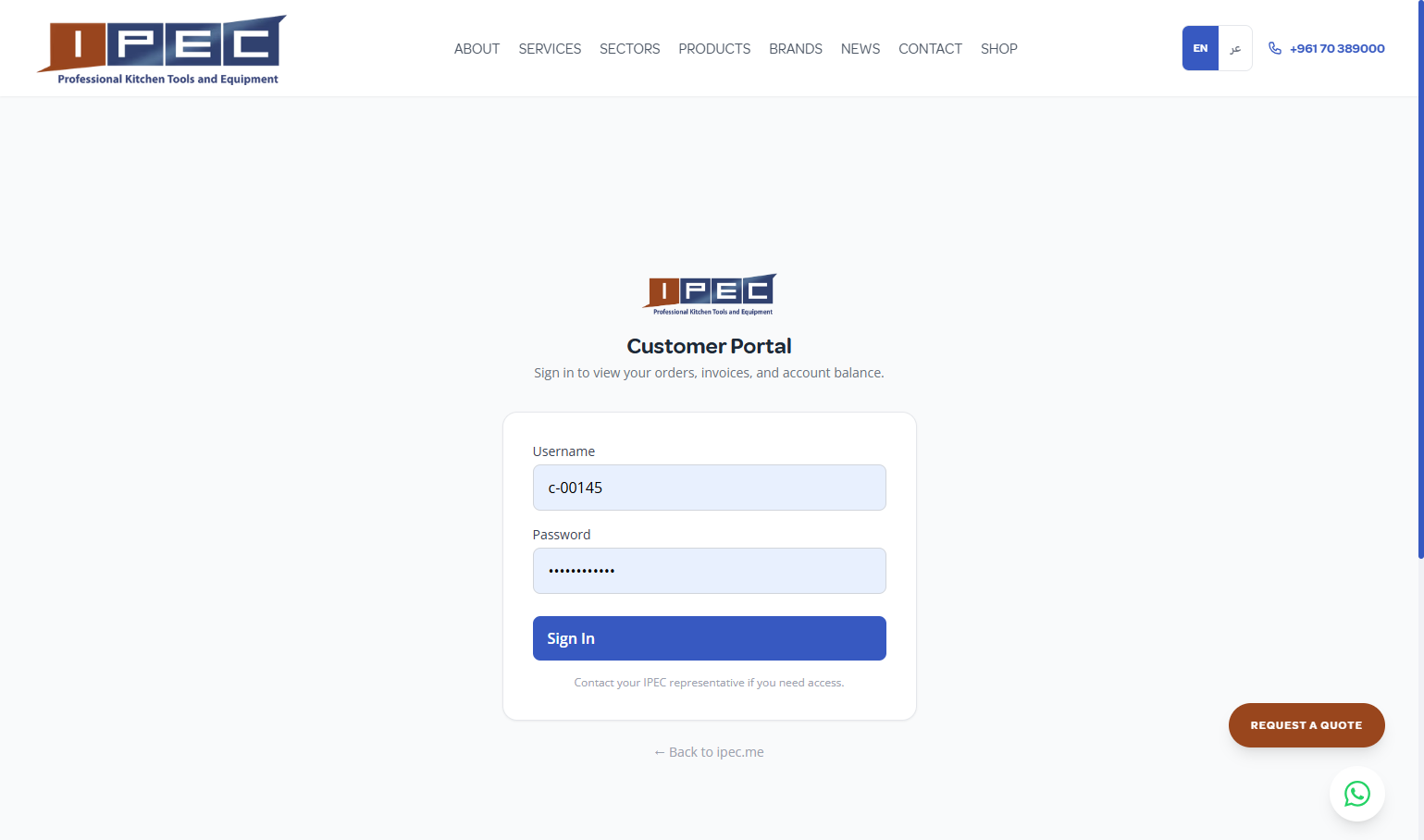 IPEC client portal dashboard showing invoices, orders, and account balance